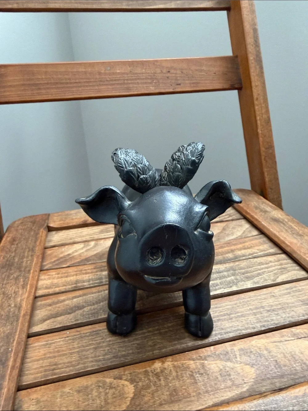 Whimsical Winged Pig Figurine Black Decorative Statue 5”